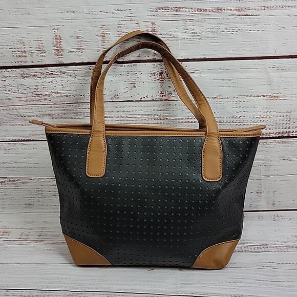 Marc Fisher Black Tan Perforated Vegan Leather Double Handle Handbag Purse - Picture 16 of 16